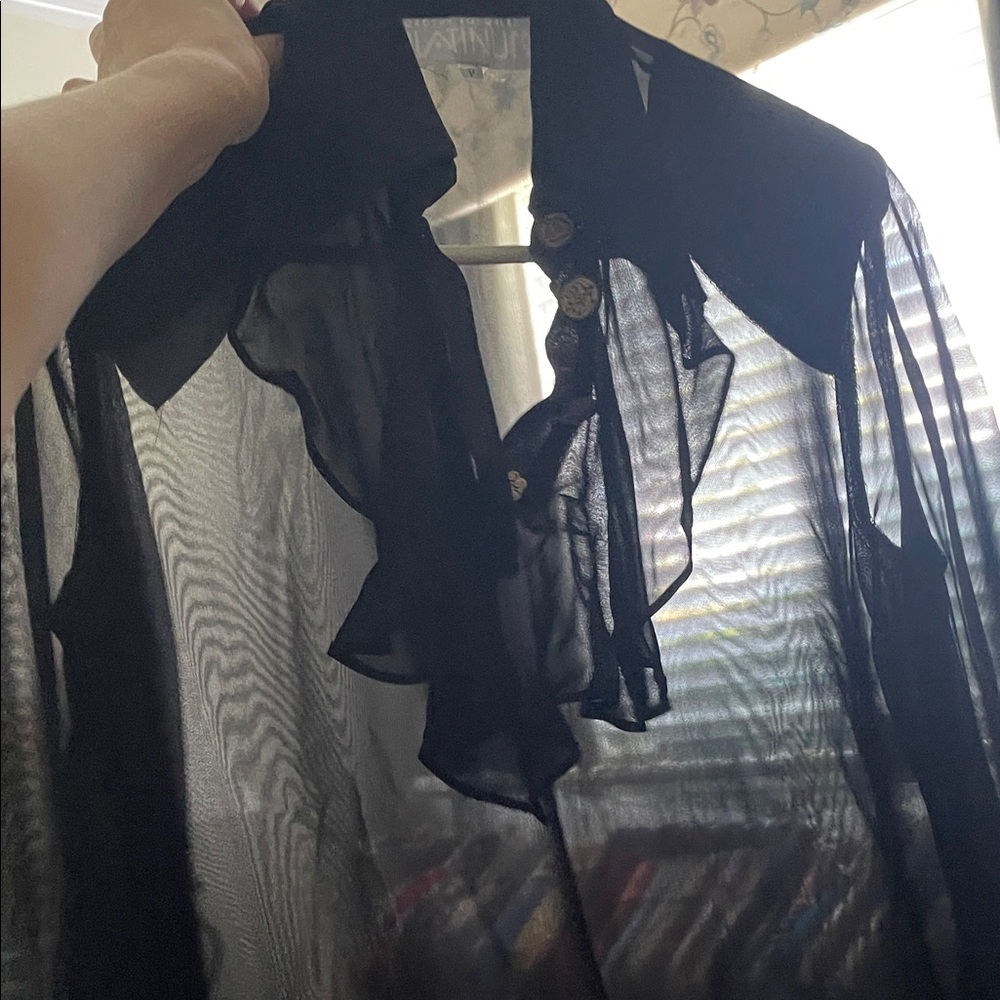 3 pc set sheer Black Ruffle Blouse skirt high waist pants ruffle Button Detail - Picture 4 of 16